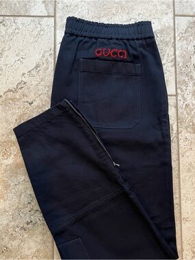 Gucci Men’s Chino Pants - Deep Blue Cotton Trousers with Embroidered Accent Sz L